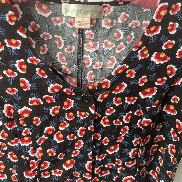 Band Of Gypsies Dress Womens S Navy Floral Buttons Short Sleeve Lace Up Pockets - Picture 2 of 4